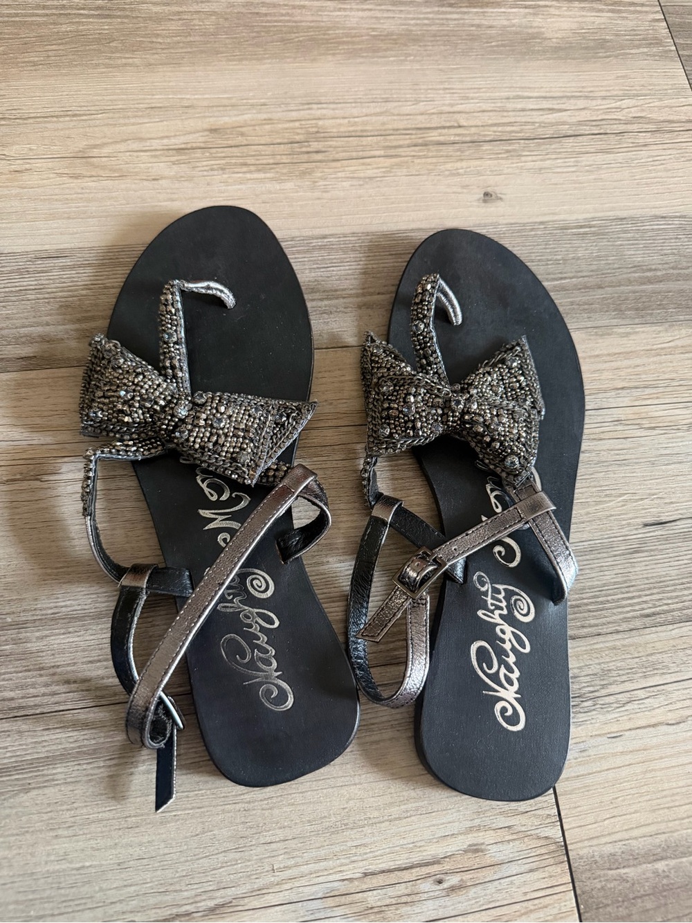 naughty monkey Metallic Black Beaded Bow Sandals